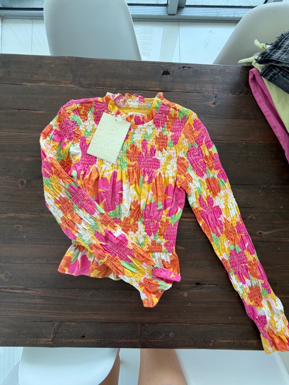 Sabo Skirt Smocked Floral Blouse in Pink, Orange & Yellow